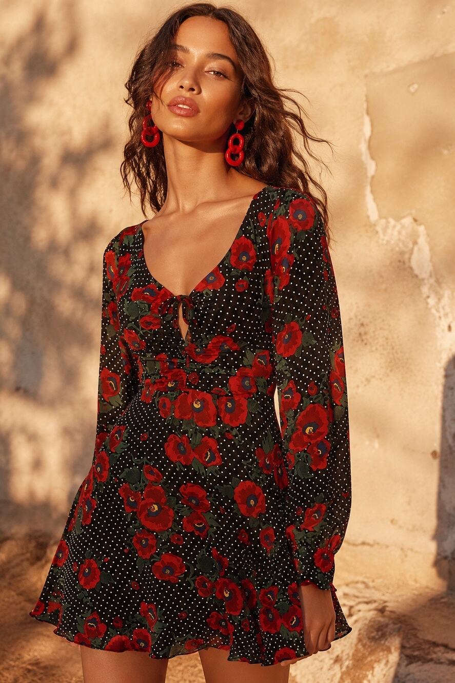 FREE PEOPLE Morning Light Retro Floral Printed Long Sleeve Mini Dress Size 2